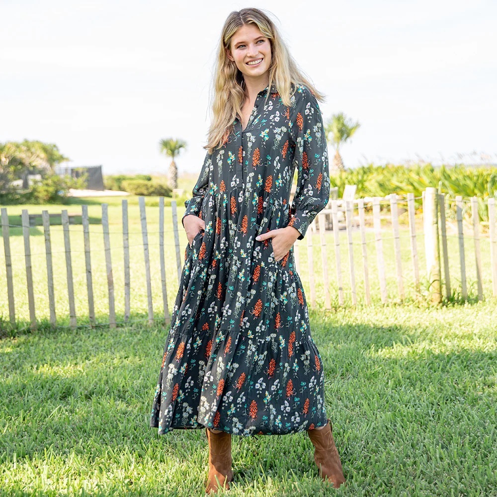Natural Life Bohemian Maxi Dress Long-sleeve Floral Print Gray and Teal Size XL